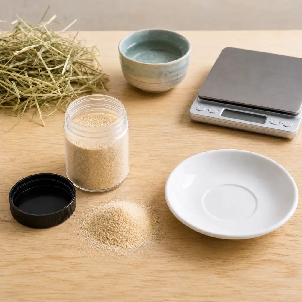 Open jar and small pile of garlic powder kept away from an empty saucer, hay, water, and a gram scale.