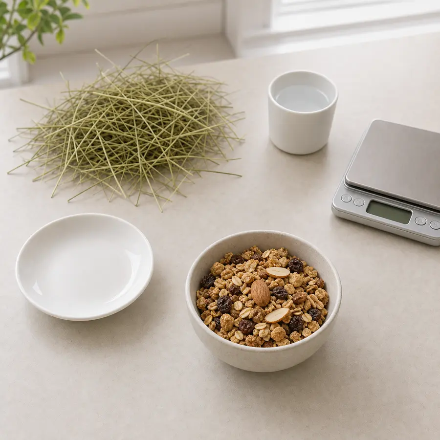 Small bowl of granola clusters kept away from an empty saucer, hay, water, and a gram scale.