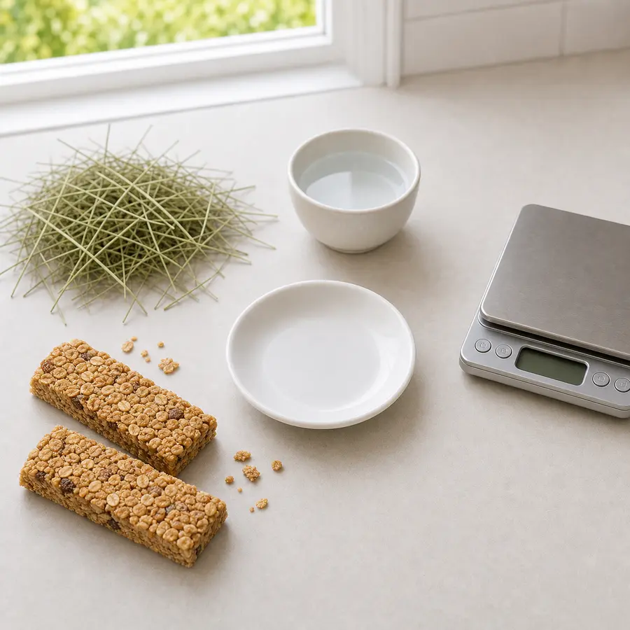 Granola bars and crumbs kept away from an empty saucer, hay, water, and a gram scale.