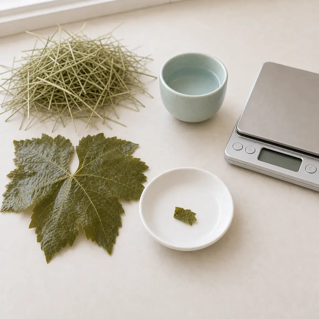 Tiny washed grape leaf piece on a saucer beside clean grape leaves, hay, water, and a gram scale.