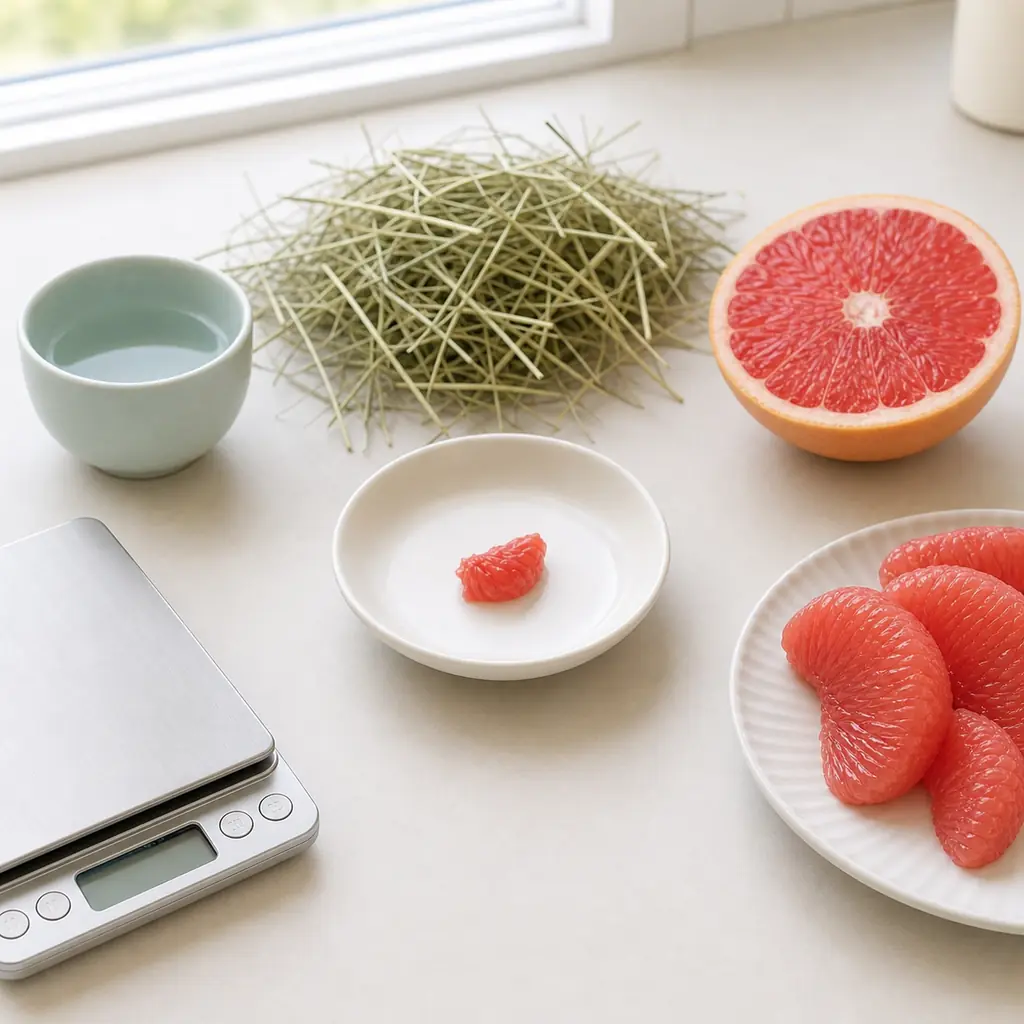 Tiny peeled grapefruit piece on a saucer beside grapefruit segments, clean hay, water, and a gram scale.