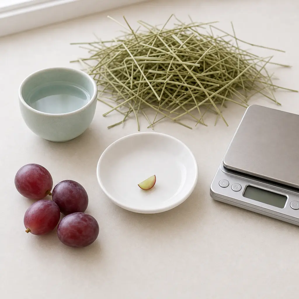 Tiny seedless grape quarter on a saucer beside whole grapes, hay, water, and a gram scale.
