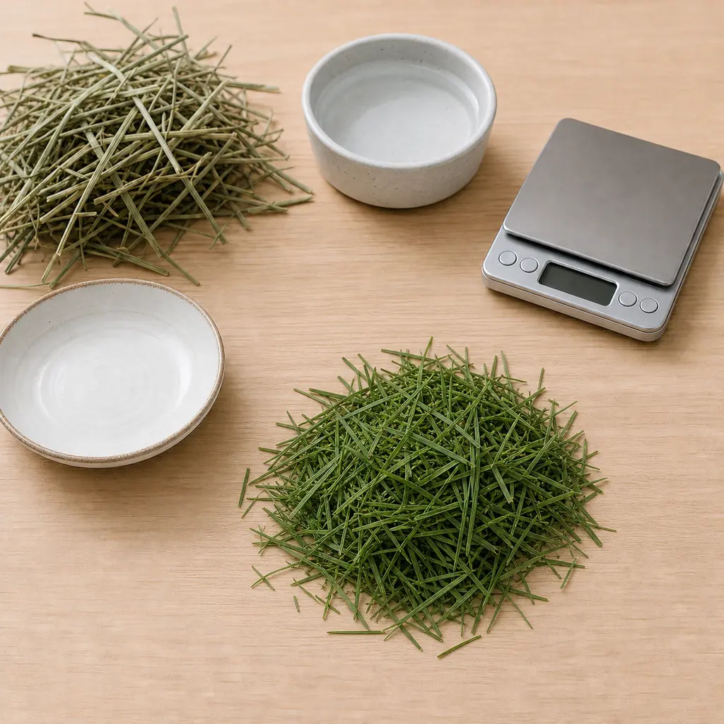 Fresh cut grass clippings kept away from an empty saucer, hay, water, and a gram scale.