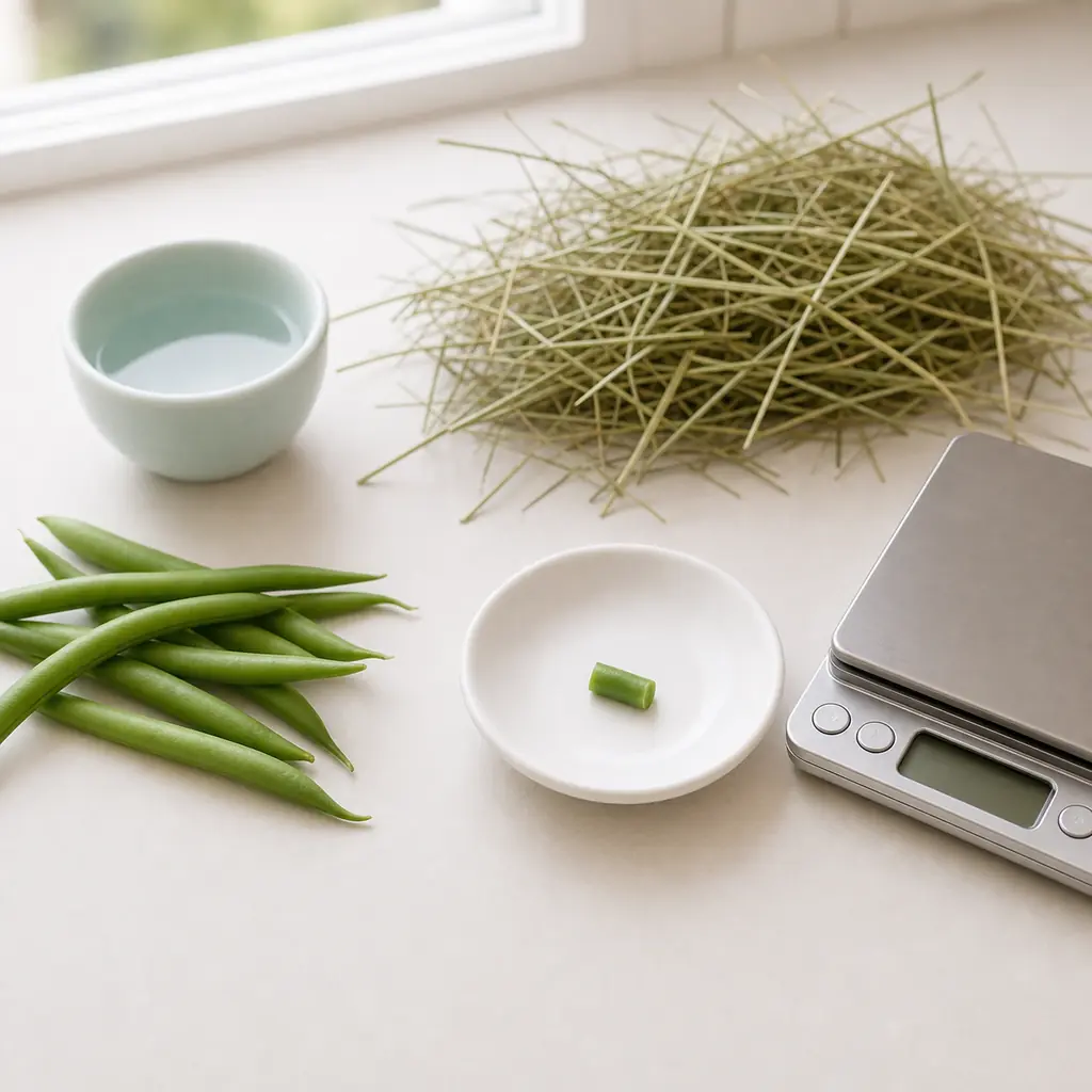 Tiny plain green bean piece on a saucer beside fresh green beans, hay, water, and a gram scale.