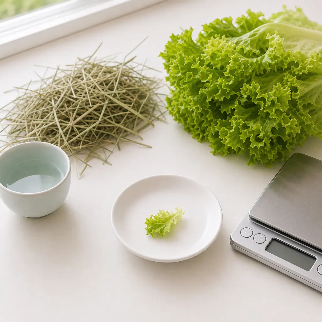 Tiny washed green leaf lettuce piece on a saucer beside green leaf lettuce, hay, water, and a gram scale.