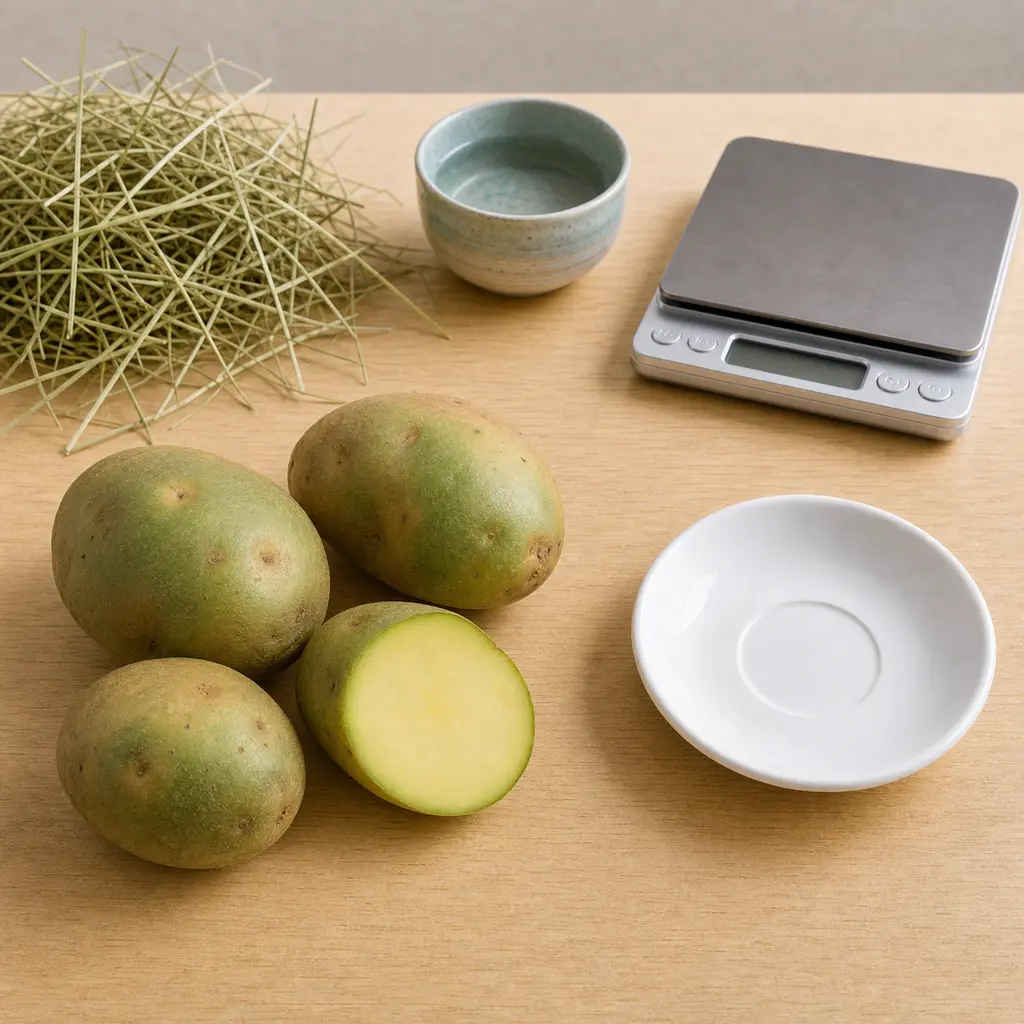 Green-tinted potatoes and a cut green potato slice kept away from an empty saucer, hay, water, and a gram scale.
