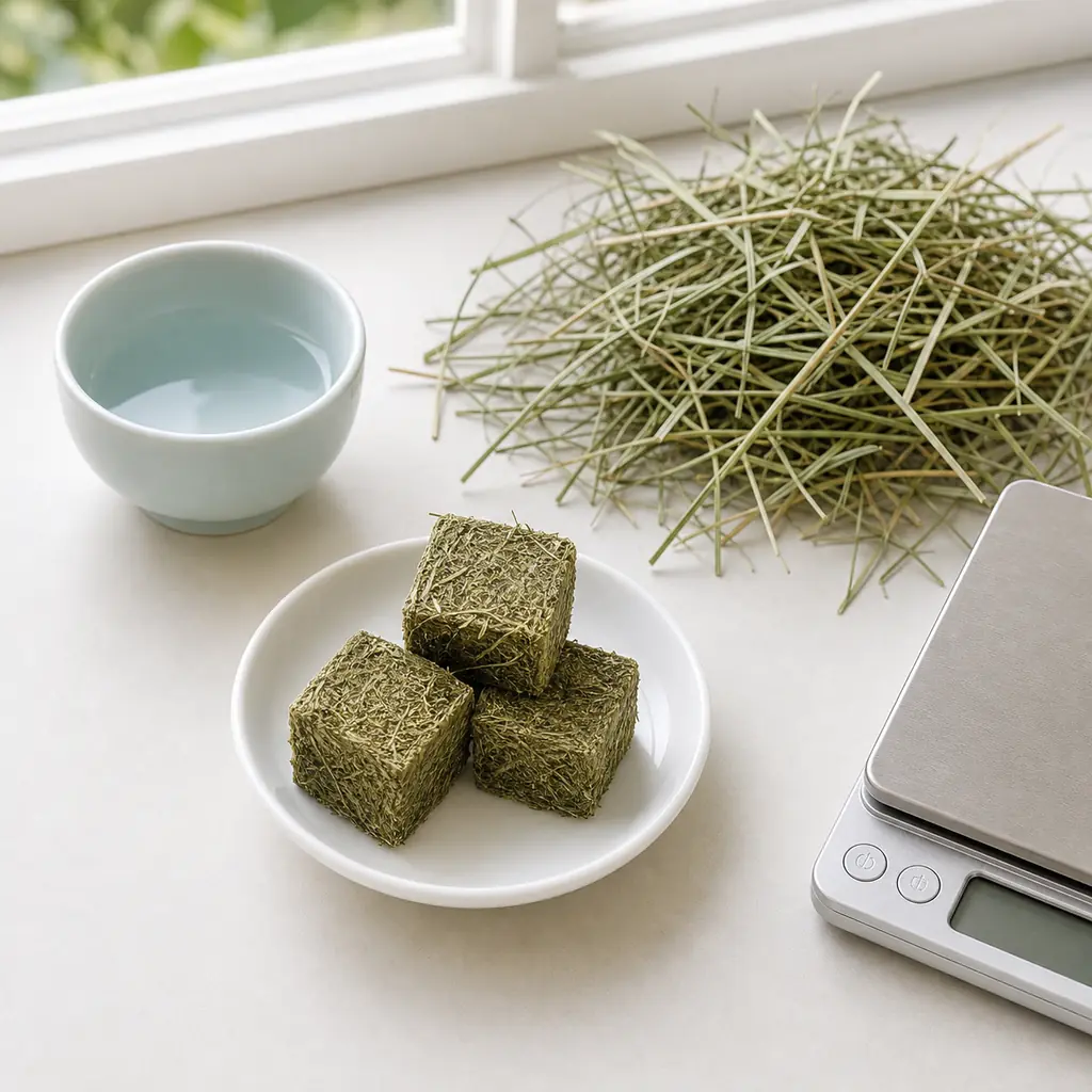 Plain compressed grass hay cubes on a saucer beside loose hay, water, and a gram scale.