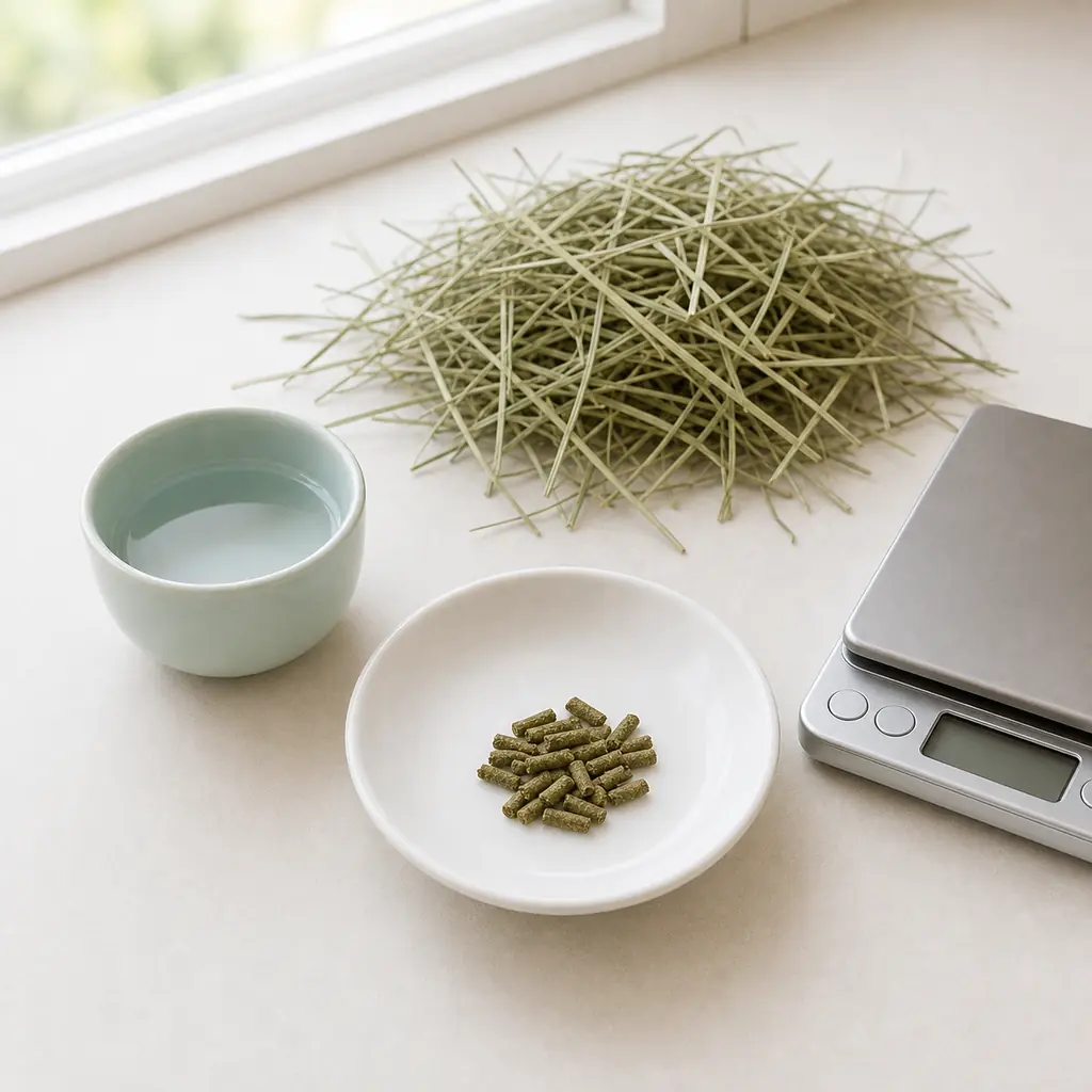 Tiny measured pinch of plain grass hay pellets on a saucer beside loose hay, water, and a gram scale.