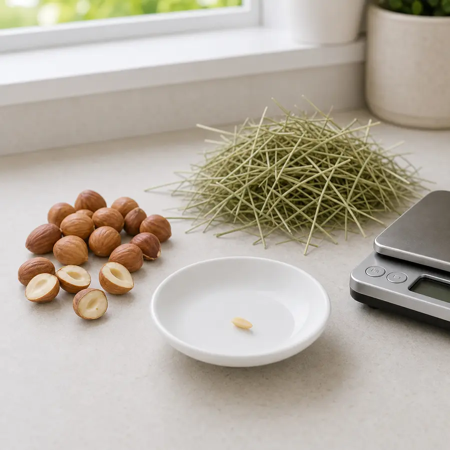 Tiny plain hazelnut sliver on a saucer beside plain hazelnuts, hay, and a gram scale.