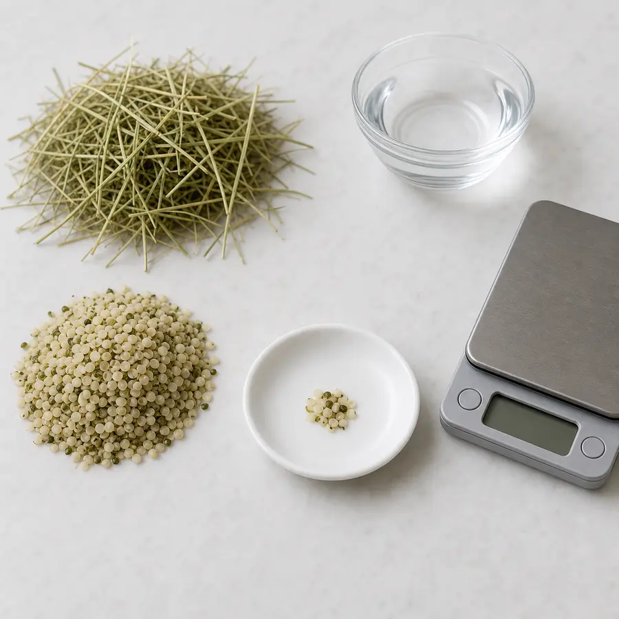 Tiny measured pinch of plain shelled hemp seeds on a saucer beside plain hemp hearts, hay, water, and a gram scale.