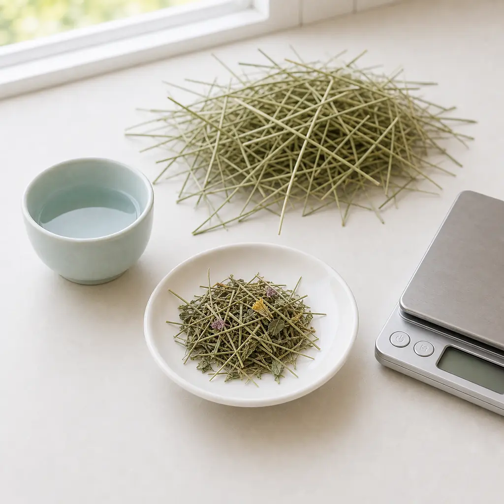 Clean dry grass hay with a small amount of dried herbs on a saucer beside loose hay, water, and a gram scale.