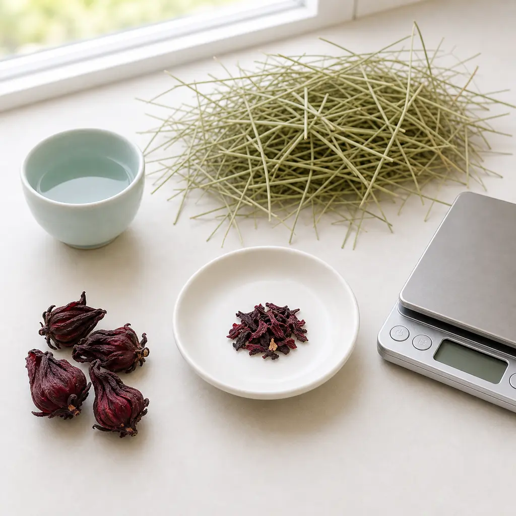 Tiny dried hibiscus petal pinch on a saucer beside dried hibiscus flowers, hay, water, and a gram scale.