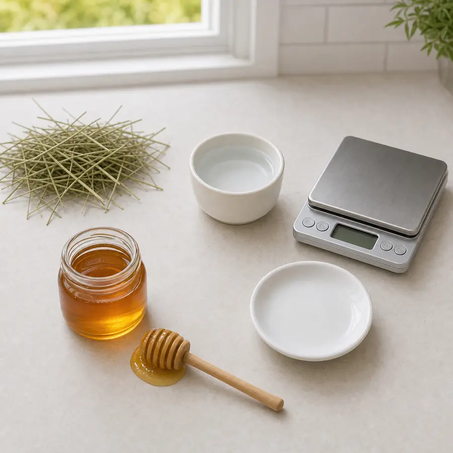 Open jar of honey and honey dipper kept away from an empty saucer, hay, water, and a gram scale.