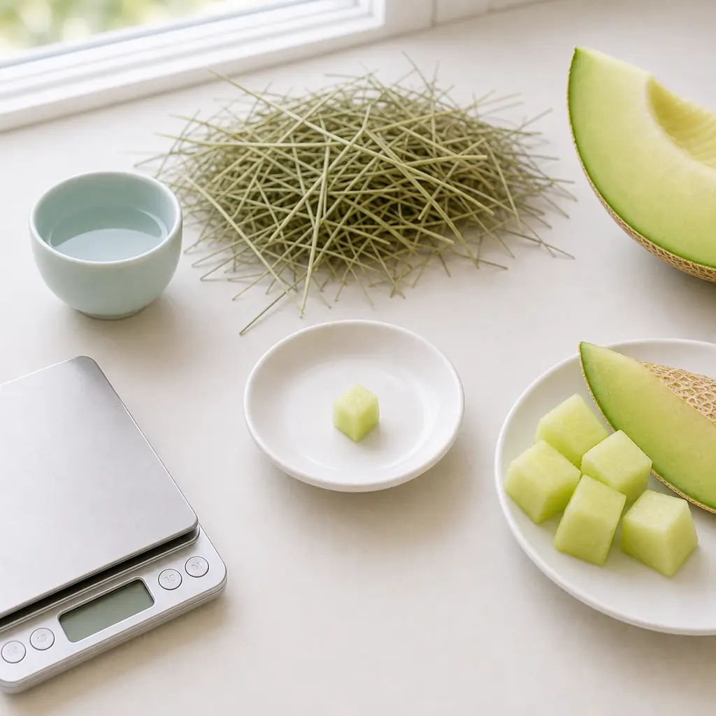 Tiny seed-free honeydew cube on a saucer beside honeydew pieces, hay, water, and a gram scale.