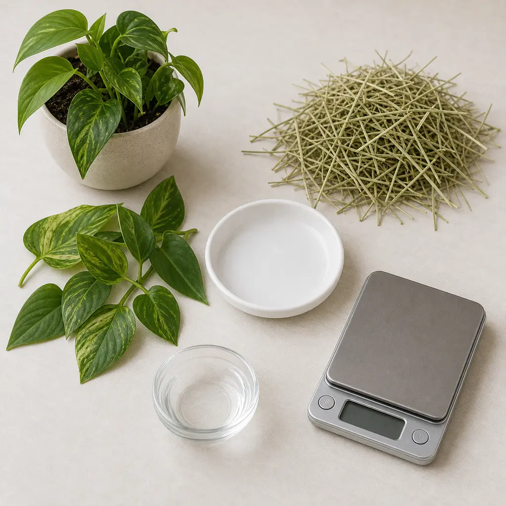 Houseplant leaves and a small potted plant kept away from an empty saucer, hay, water, and a gram scale.