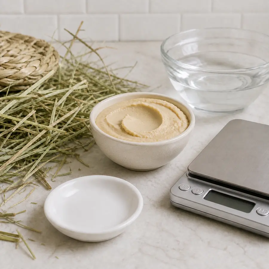 Small bowl of hummus kept away from an empty saucer, hay, water, and a gram scale.