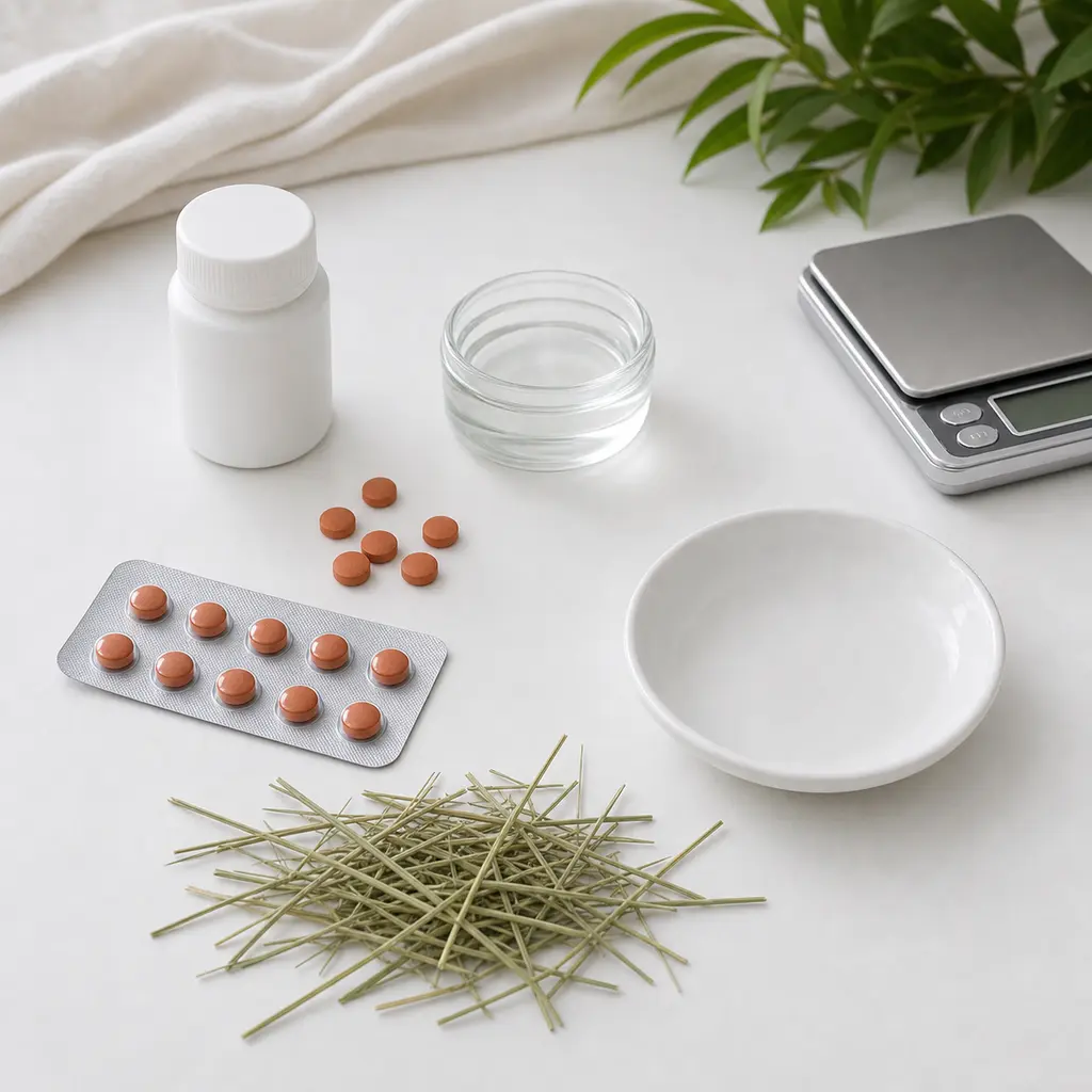 Orange-brown tablets, a plain blister strip, and an unlabeled bottle kept away from an empty saucer, hay, water, and a gram scale.