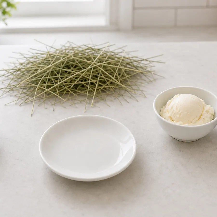 Small bowl of vanilla ice cream kept away from an empty saucer, hay, water, and a gram scale.