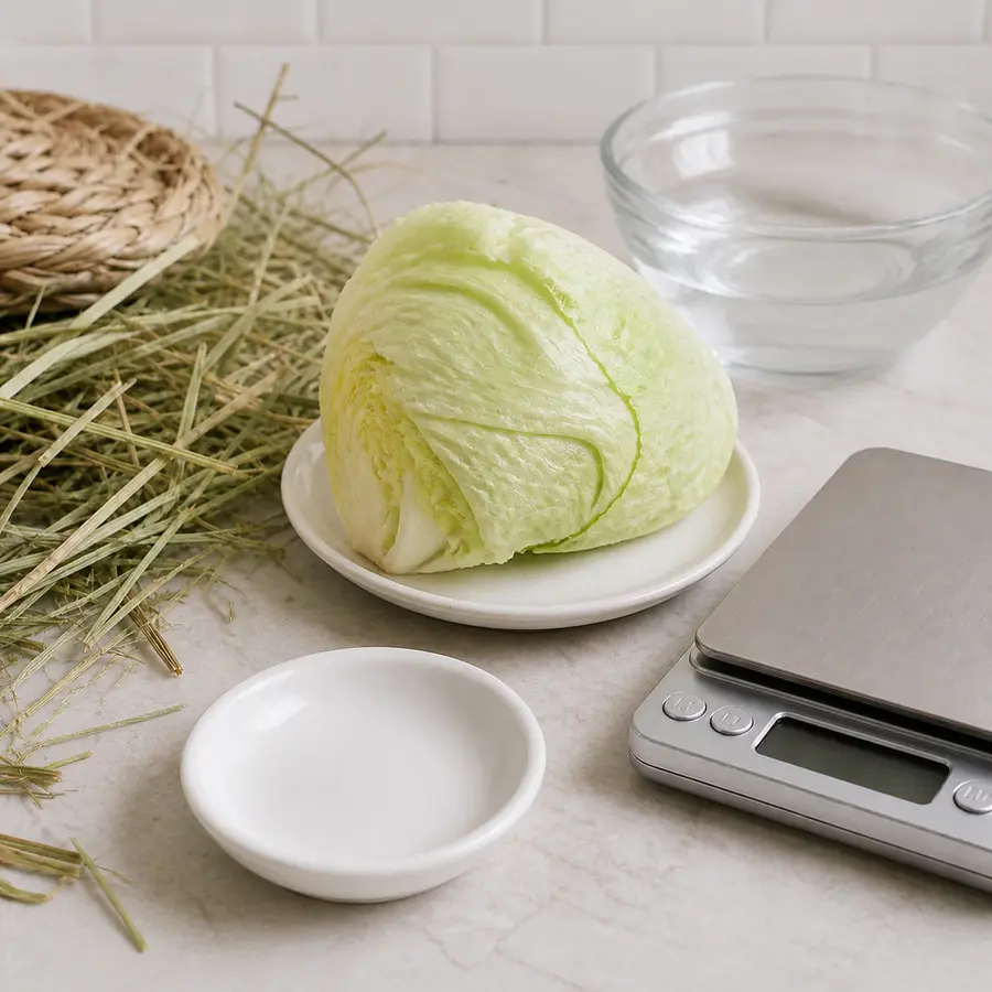 Pale iceberg lettuce wedge kept away from an empty saucer, hay, water, and a gram scale.
