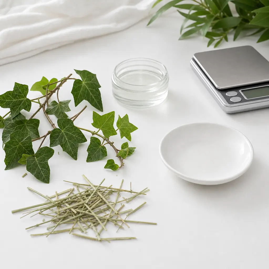 Ivy leaves and vine cuttings kept away from an empty saucer, hay, water, and a gram scale.