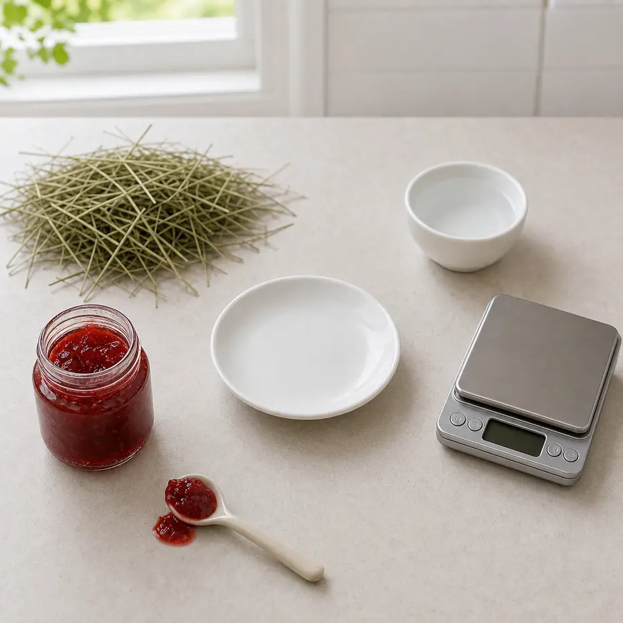 Open jar and spoon of red jam kept away from an empty saucer, hay, water, and a gram scale.