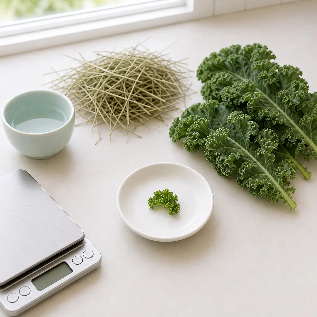 Tiny washed kale leaf piece on a saucer beside fresh kale leaves, hay, water, and a gram scale.