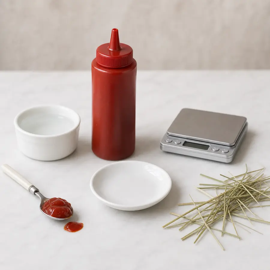 Red ketchup bottle and spoon kept away from an empty saucer, hay, water, and a gram scale.