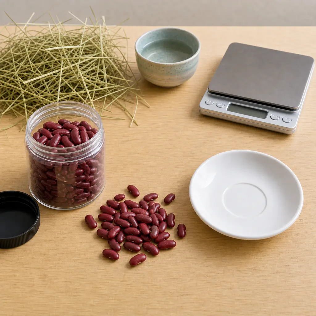 Dry red kidney beans kept away from an empty saucer, hay, water, and a gram scale.