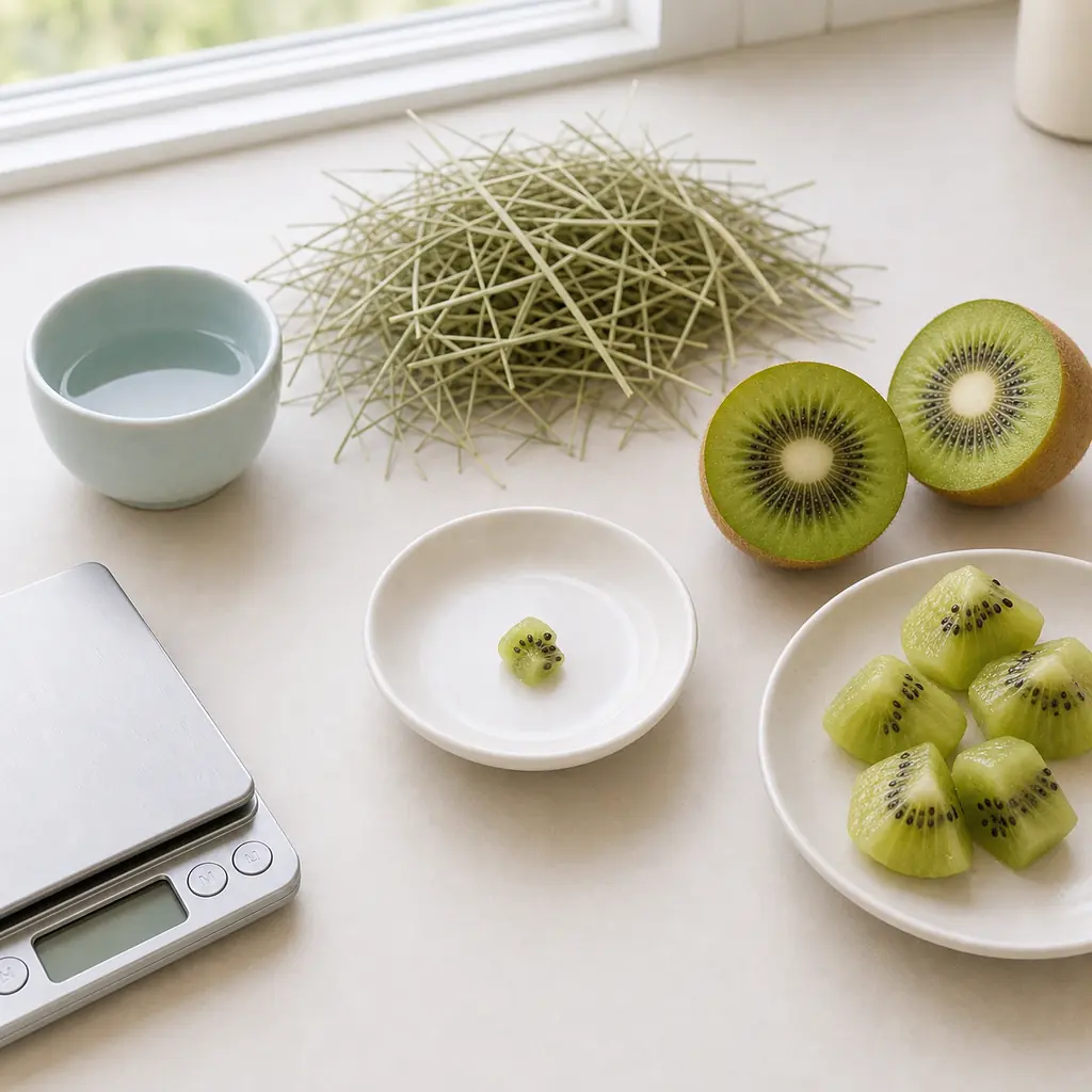 Tiny peeled kiwi flesh piece on a saucer beside sliced kiwi, hay, water, and a gram scale.