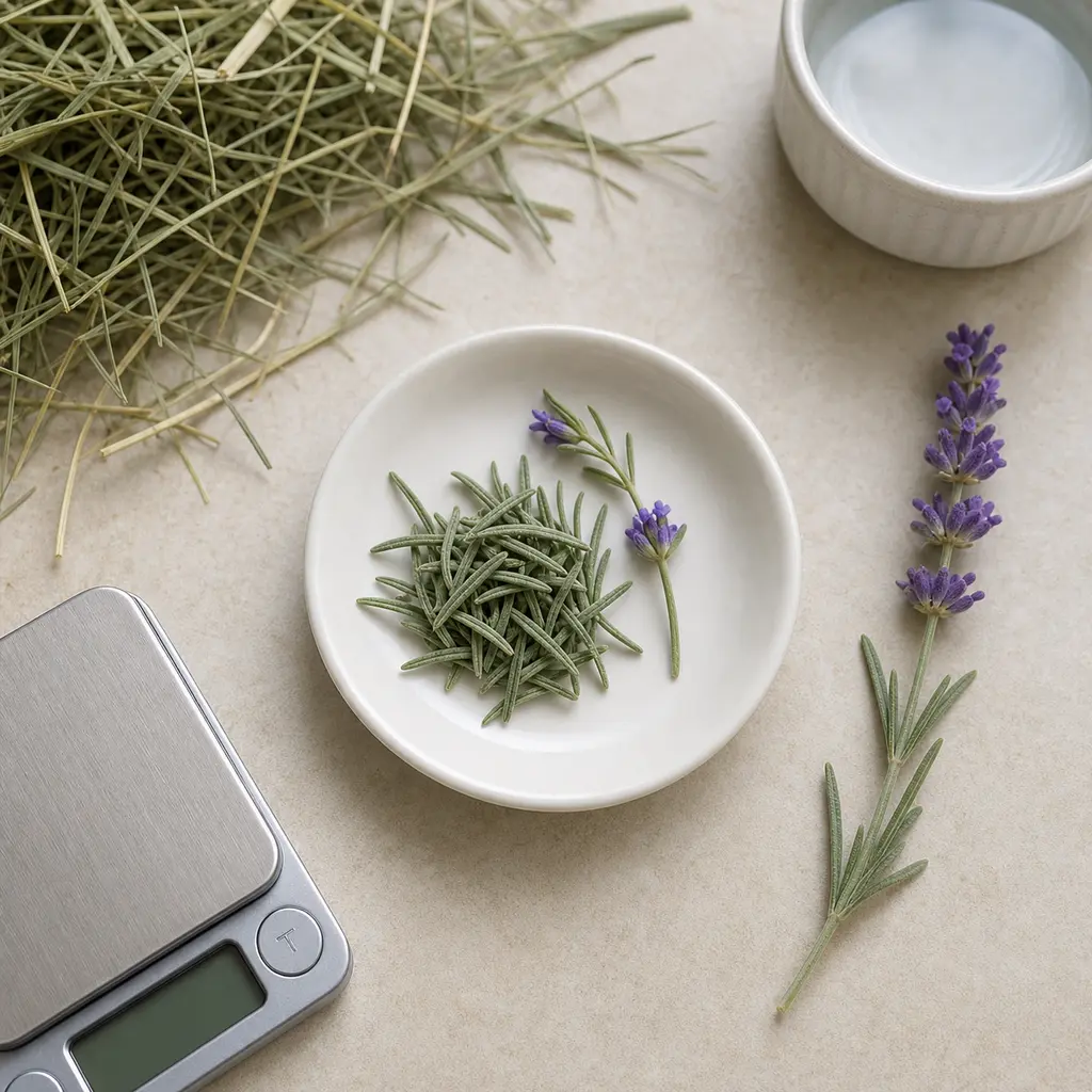 Tiny plain lavender leaf and flower sprig portion on a saucer beside fresh lavender, hay, water, and a gram scale.