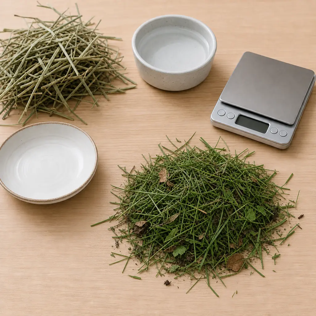 Mixed lawn clippings kept away from an empty saucer, hay, water, and a gram scale.