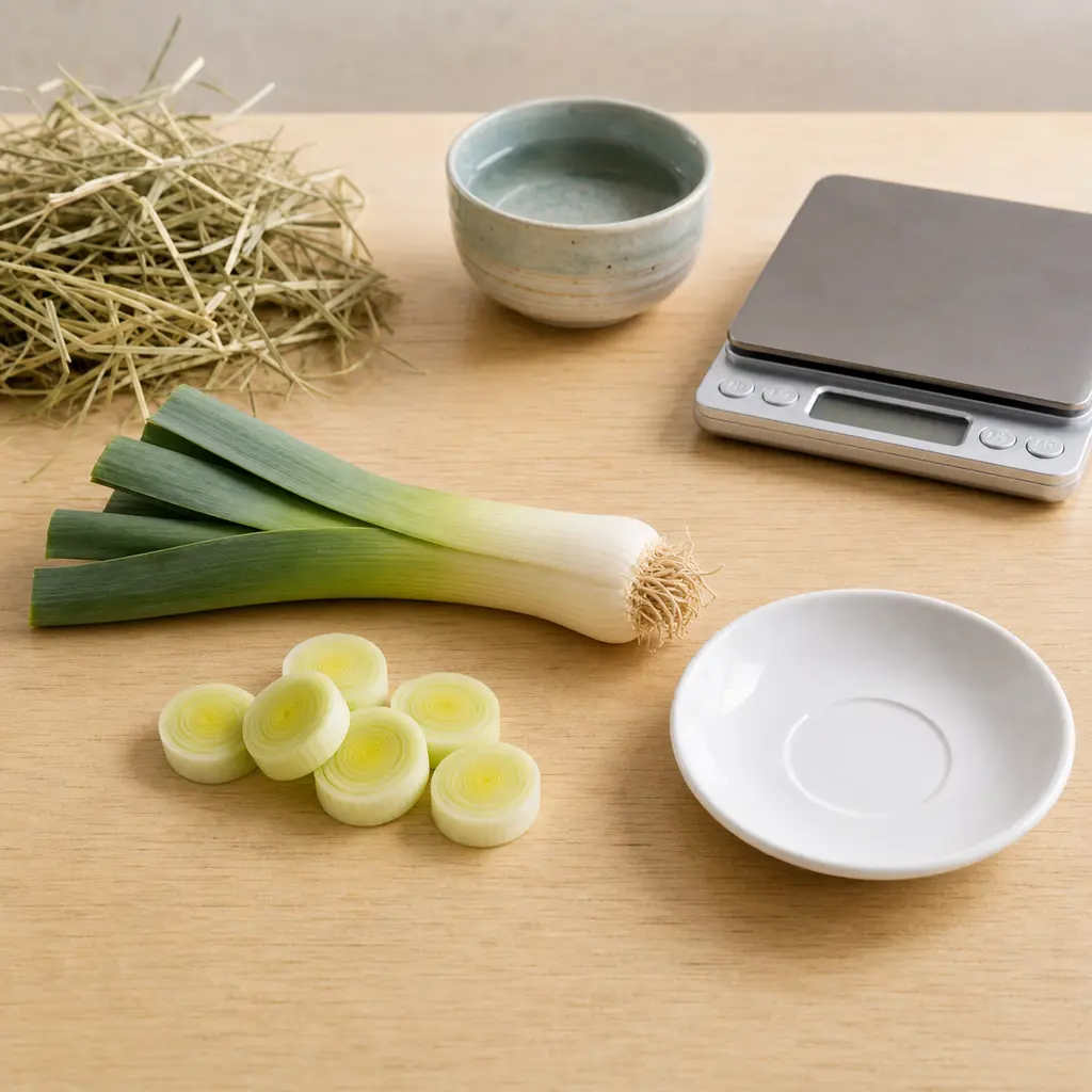 Whole leek and sliced leek rings kept away from an empty saucer, hay, water, and a gram scale.