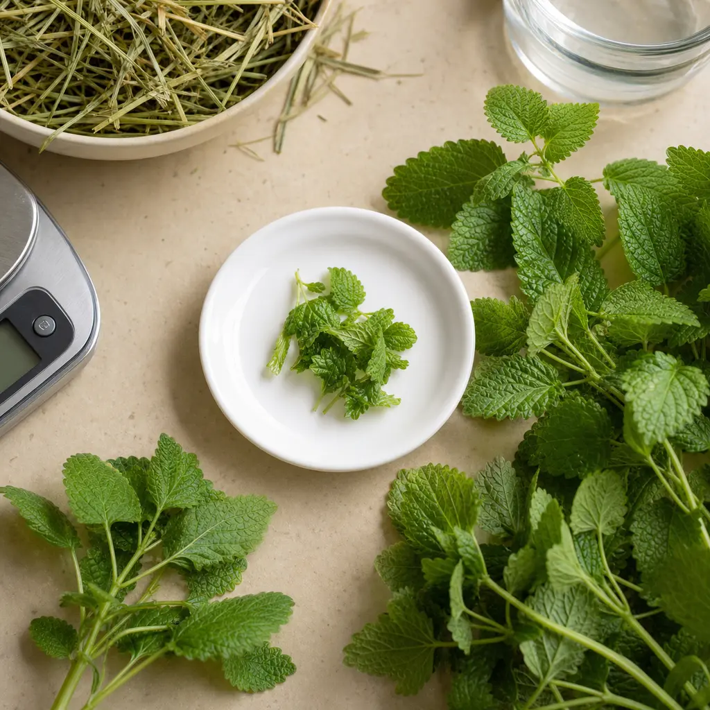 Tiny washed lemon balm leaves on a saucer beside fresh lemon balm sprigs, hay, water, and a gram scale.