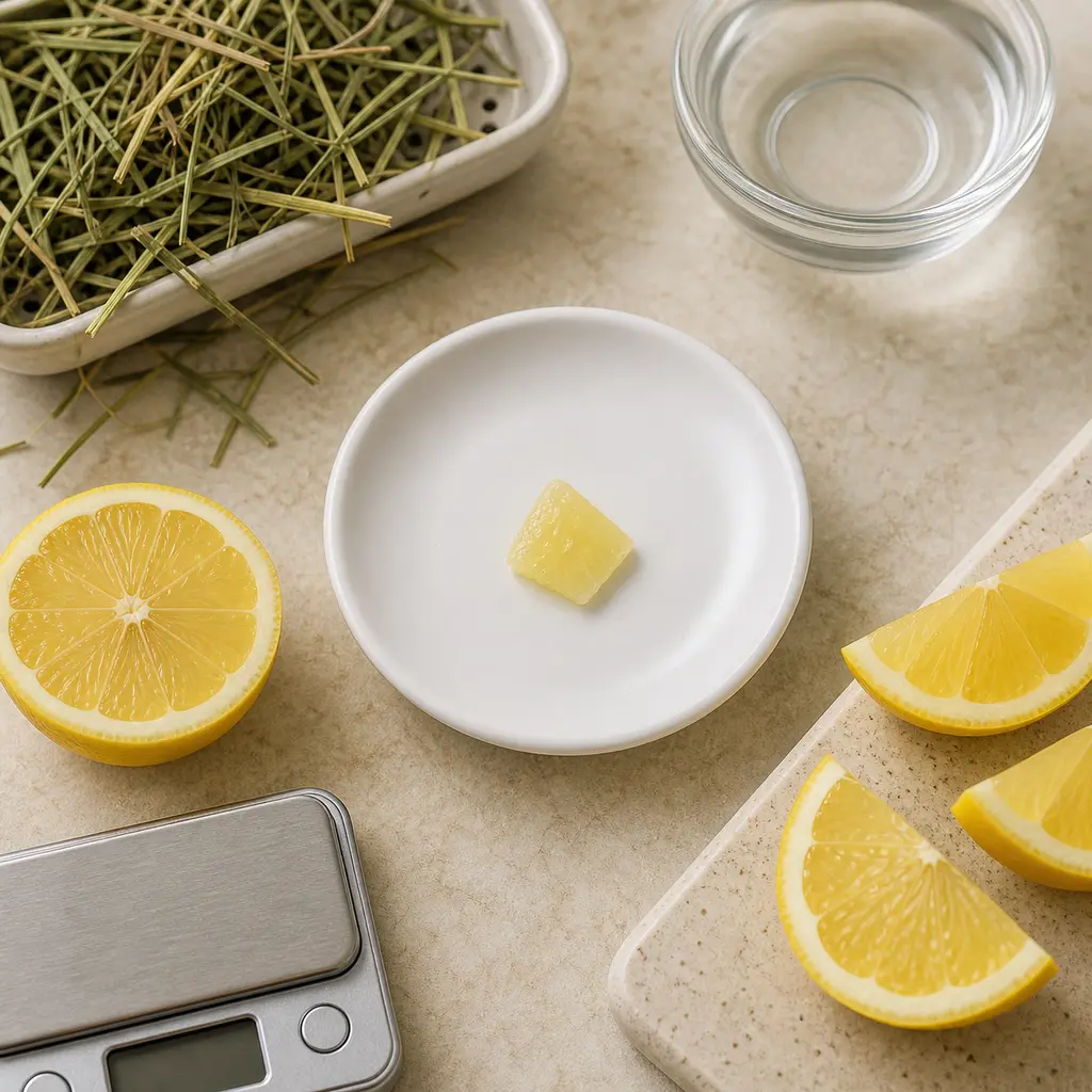 Tiny peeled lemon flesh piece on a saucer beside lemon wedges, hay, water, and a gram scale.