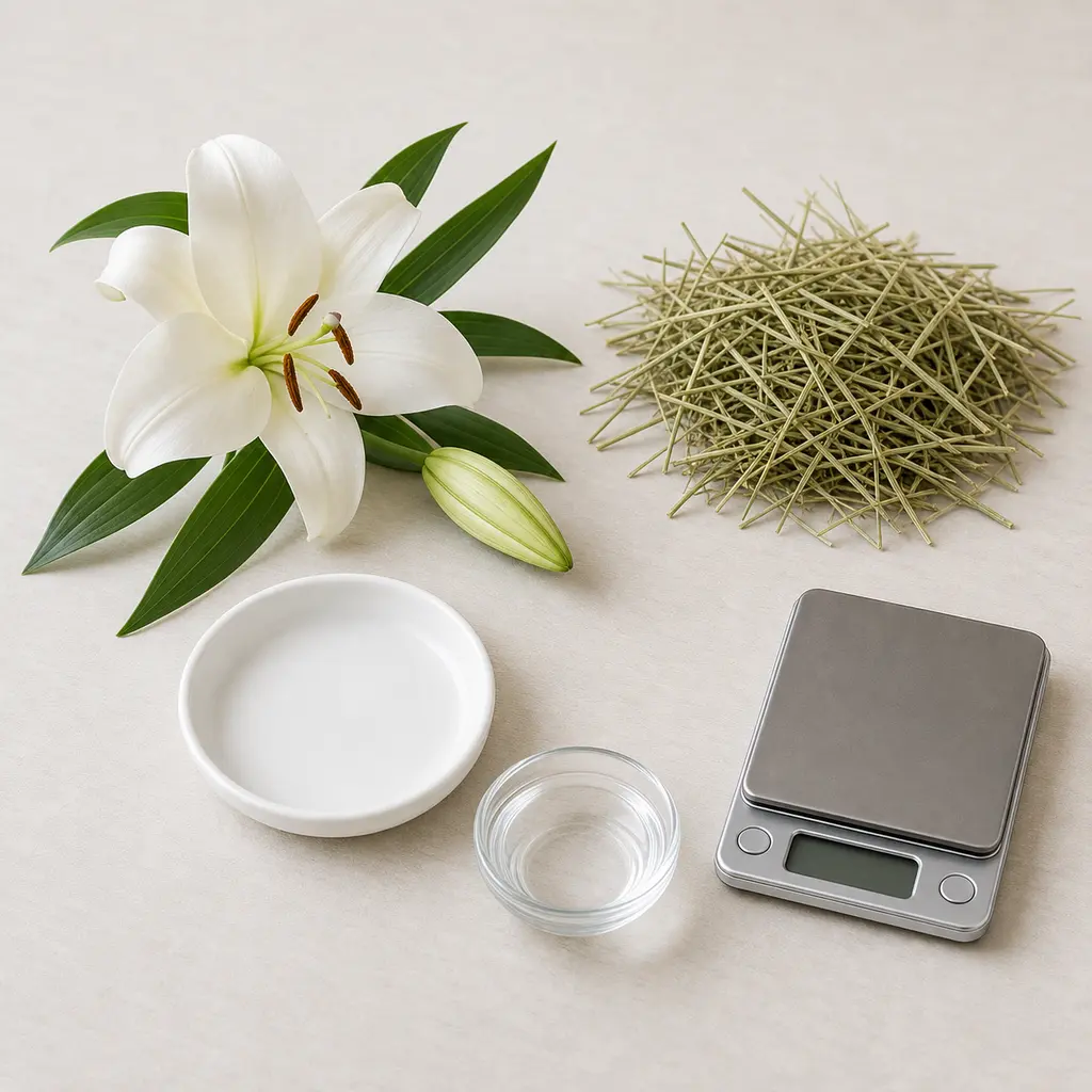 White lily flower and leaves kept away from an empty saucer, hay, water, and a gram scale.
