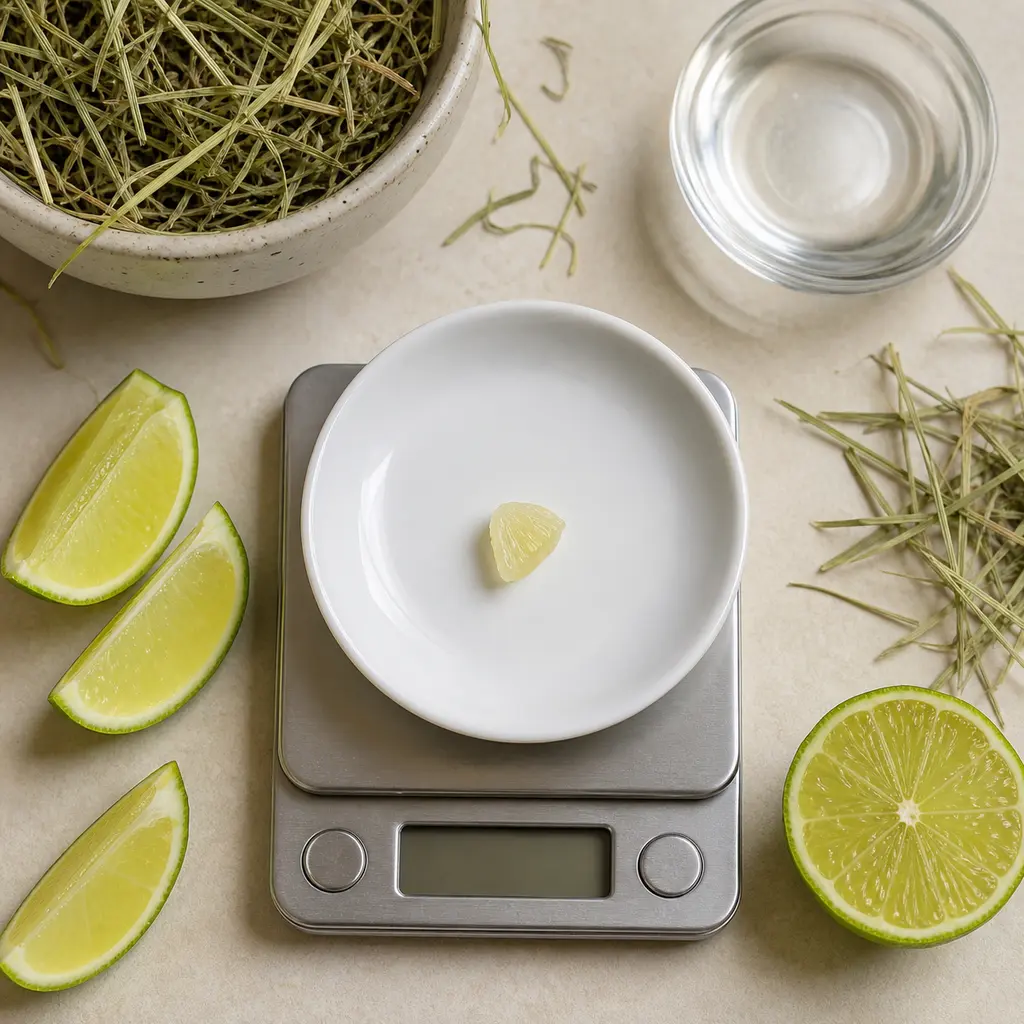 Tiny peeled lime flesh piece on a saucer beside lime wedges, hay, water, and a gram scale.