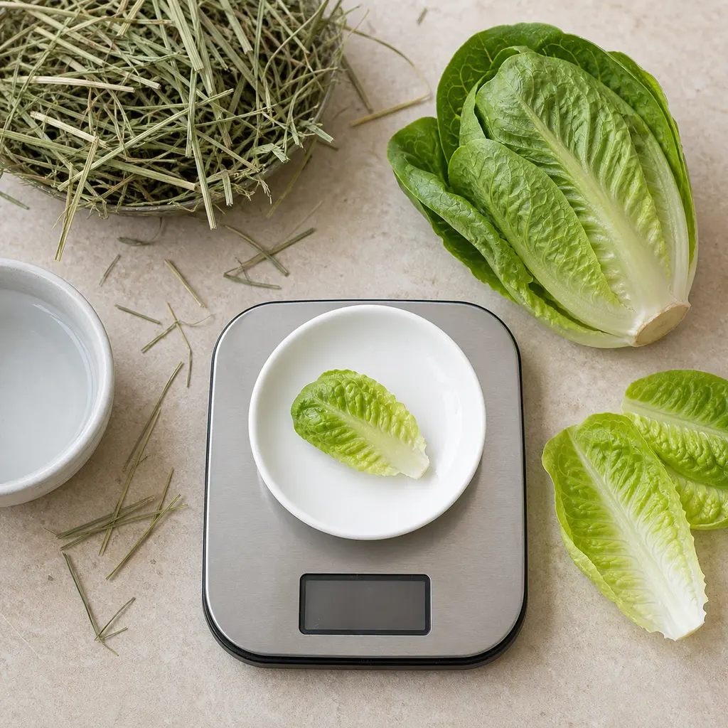 Tiny washed little gem lettuce leaf piece on a saucer beside a compact little gem lettuce head, hay, water, and a gram scale.