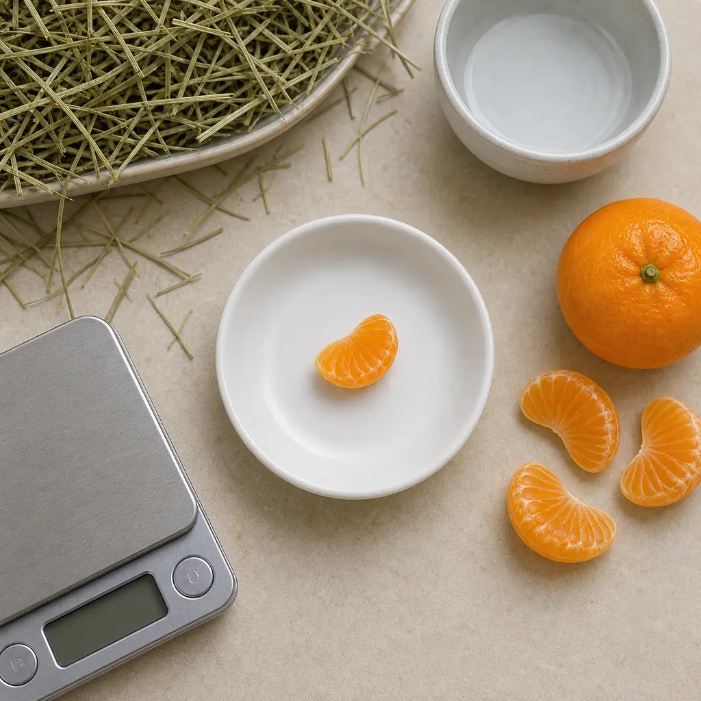 Tiny peeled mandarin flesh piece on a saucer beside peeled mandarin segments, hay, water, and a gram scale.