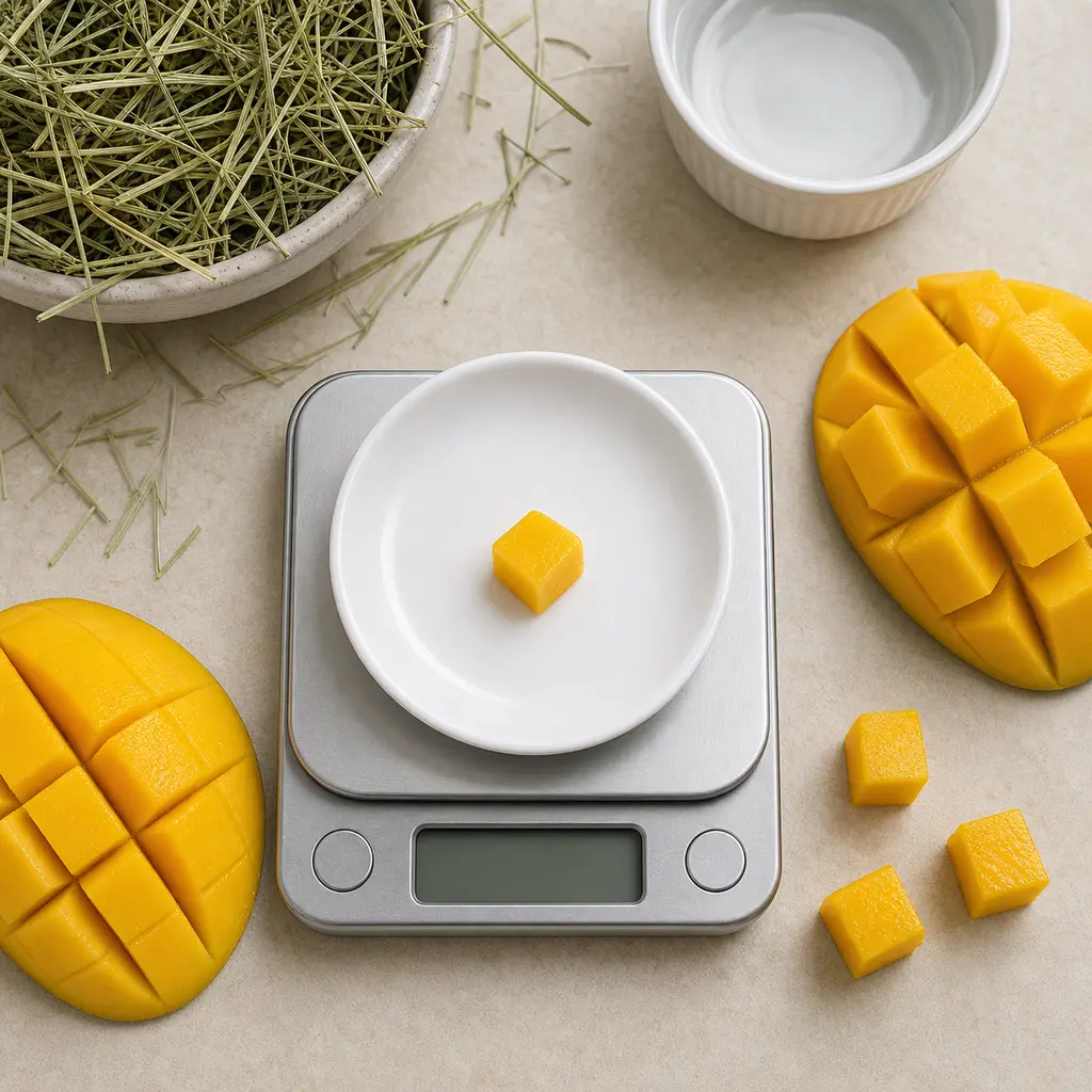 Tiny peeled mango cube on a saucer beside cut mango pieces, hay, water, and a gram scale.