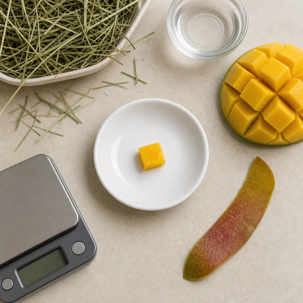 Mango skin strip kept separate from a tiny peeled mango flesh cube on a saucer beside hay, water, and a gram scale.
