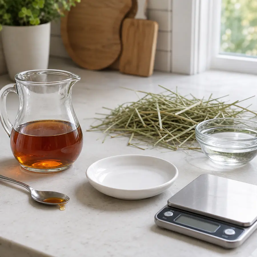 Small pitcher of maple syrup kept away from an empty saucer, hay, water, and a gram scale.