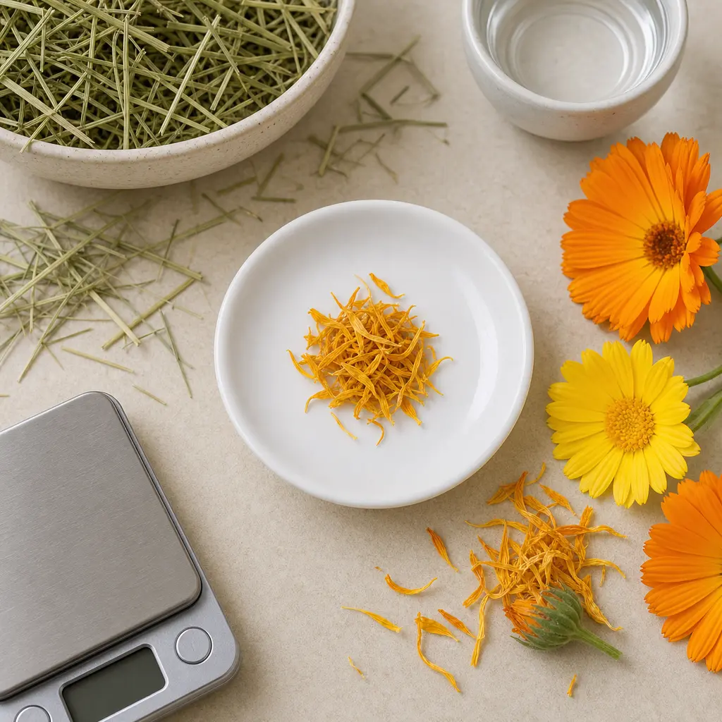Tiny clean marigold petal pinch on a saucer beside marigold flowers, hay, water, and a gram scale.