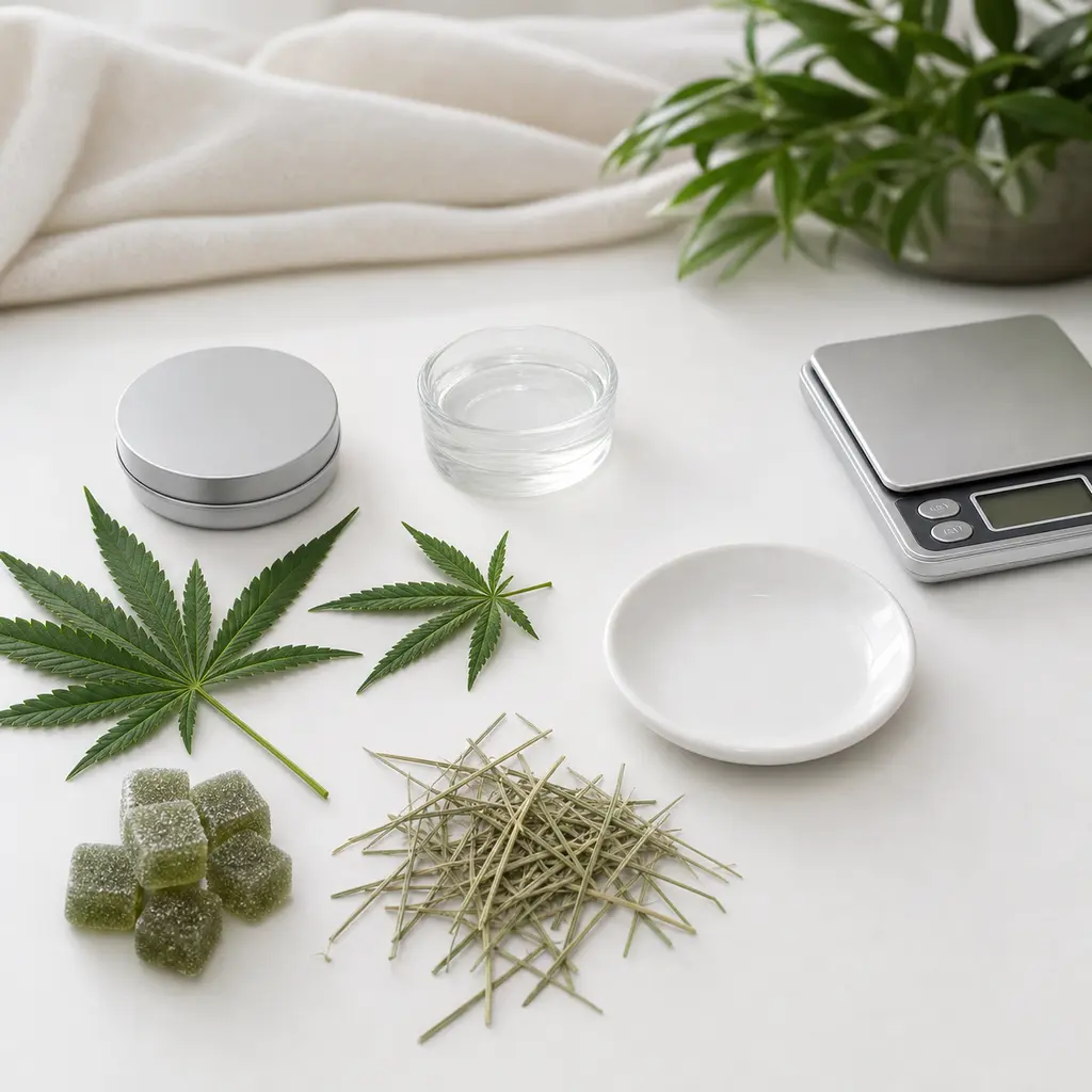 Cannabis leaves and plain gummy pieces kept away from an empty saucer, hay, water, and a gram scale.