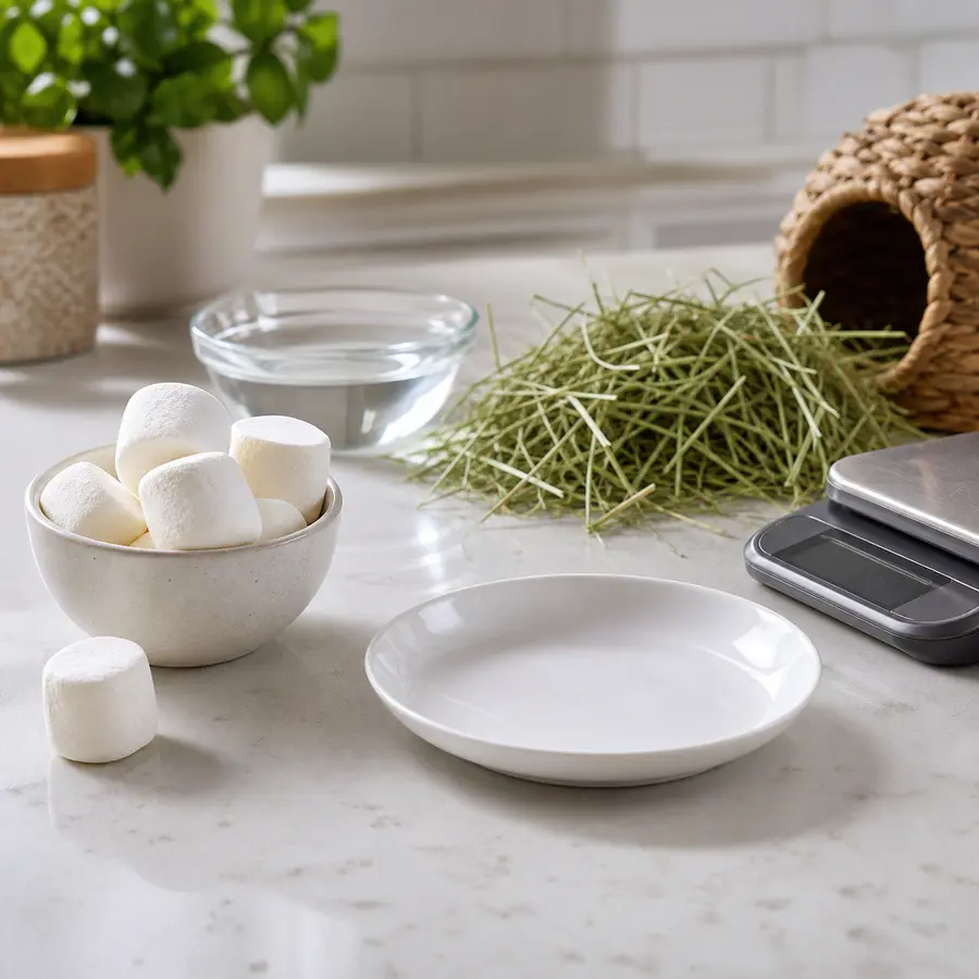 Plain marshmallows kept away from an empty saucer, hay, water, and a gram scale.