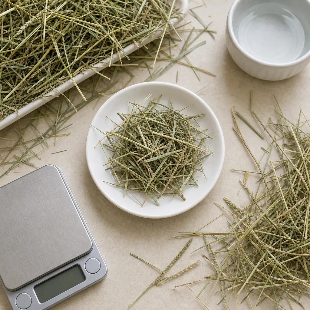 Clean mixed meadow grass hay on a saucer beside loose meadow hay, water, and a gram scale.