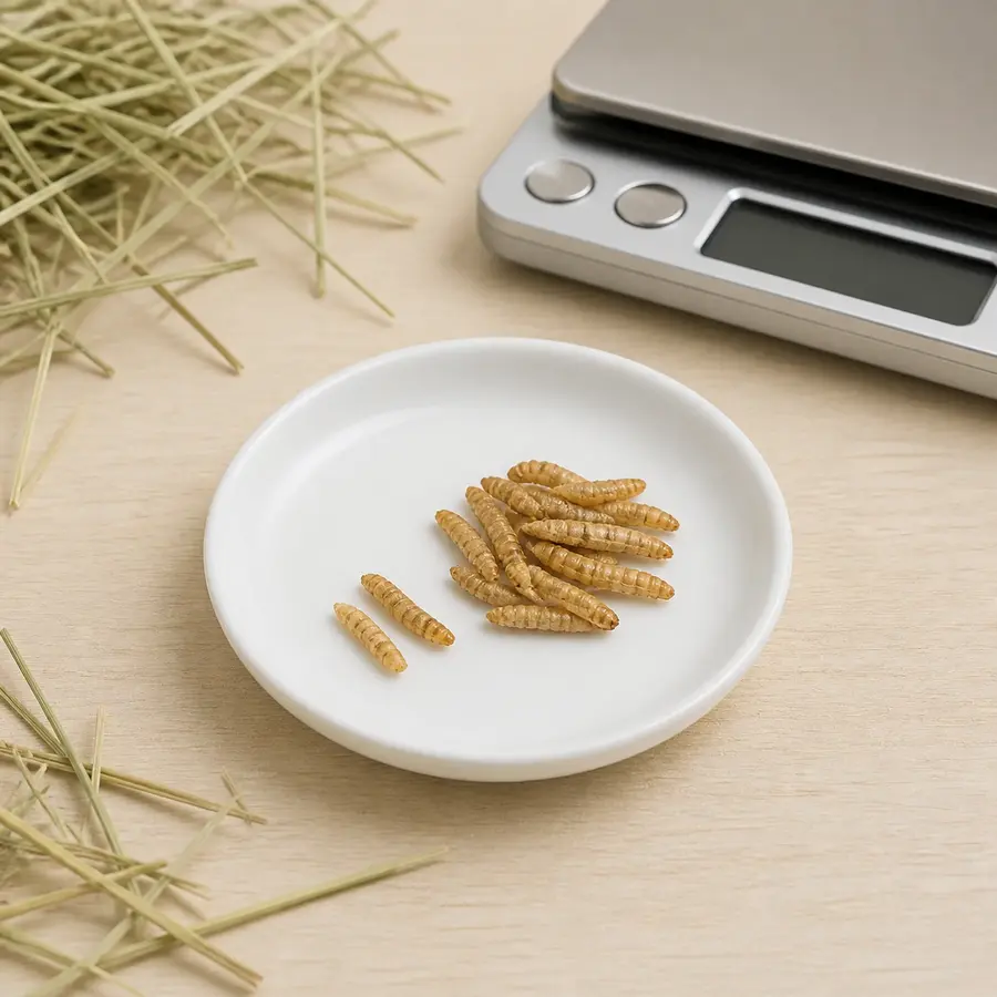 Tiny plain dried mealworm portion on a saucer beside dried mealworms, hay, and a gram scale.