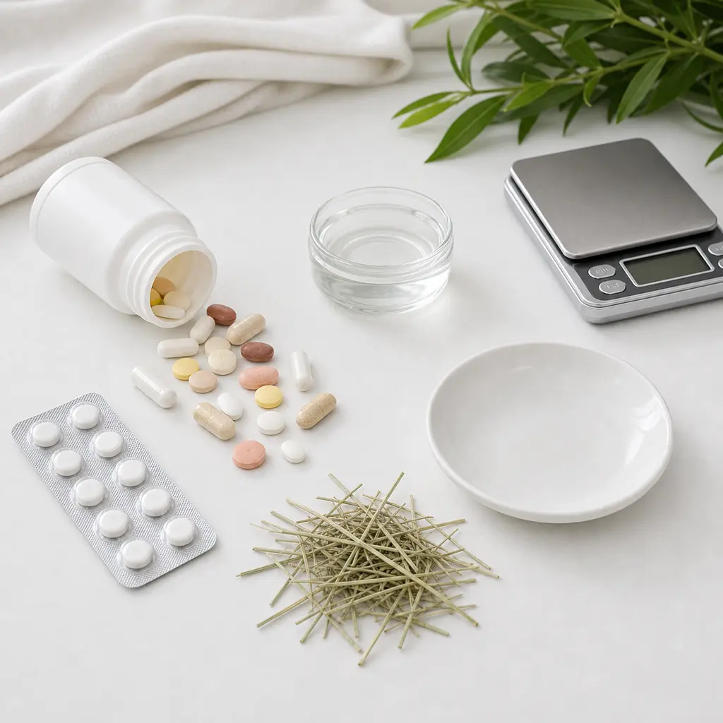 Loose assorted pills, a plain bottle, and a blister strip kept away from an empty saucer, hay, water, and a gram scale.