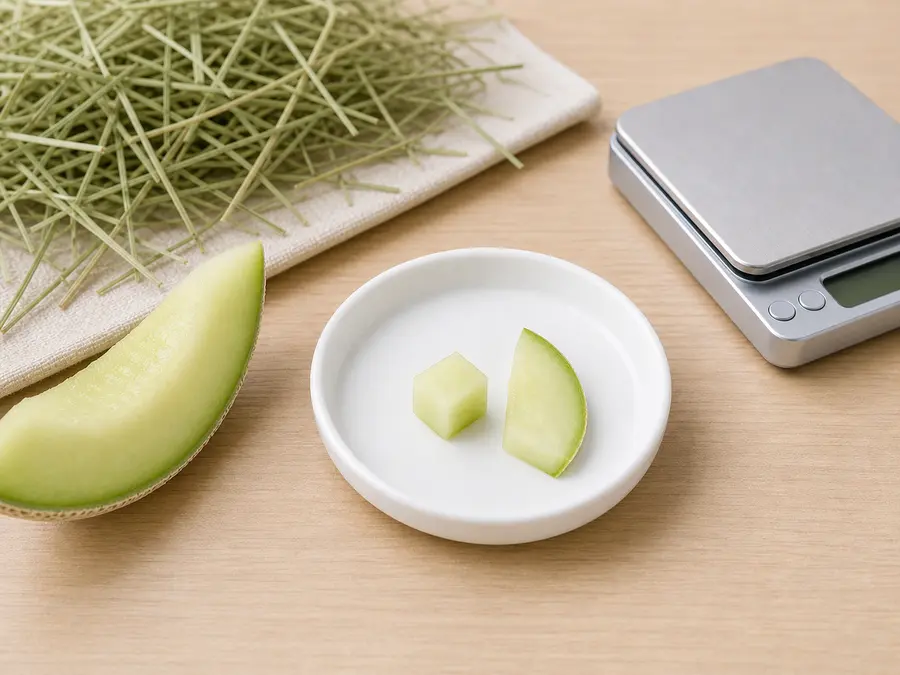Tiny seed-free melon cube and slice on a saucer beside melon, hay, water, and a gram scale.