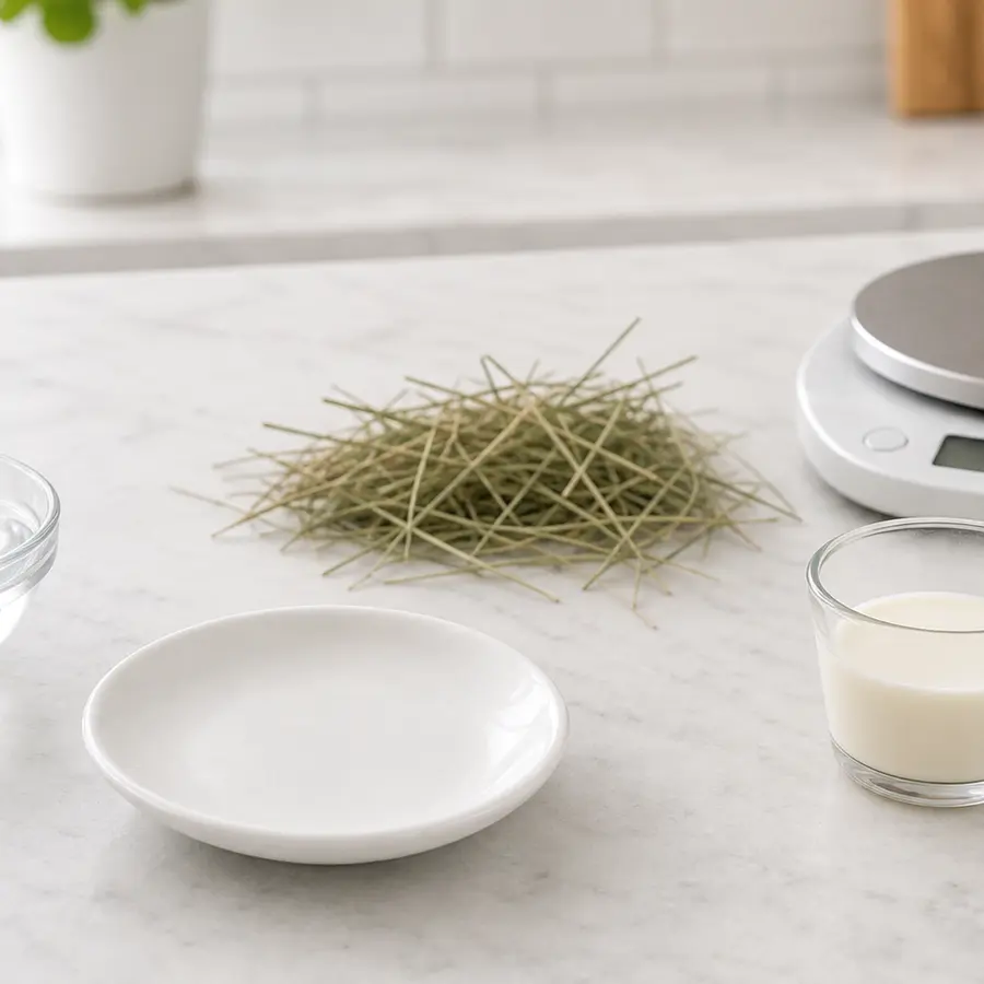Small glass of milk kept away from an empty saucer, hay, water, and a gram scale.