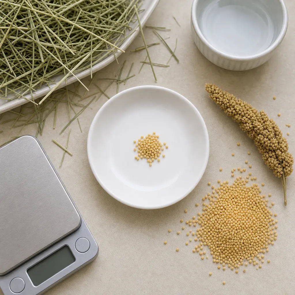Tiny measured pinch of plain millet seeds on a saucer beside millet spray, hay, water, and a gram scale.